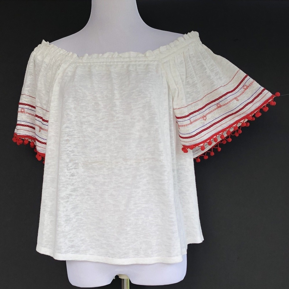 American Blues Off Shoulder Blouse Womens Small White Embroidered Pom Pom Trim